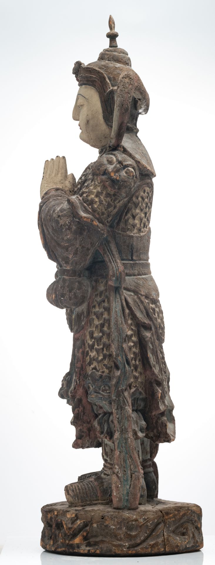 A large Chinese polychrome decorated carved wooden figure of a Namaskara Mudra Buddha, H 141,5 cm - Image 2 of 6