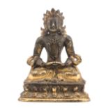 A Sino-Tibetan gilt bronze figure of a seated Amitayus, 18thC, H 10 cm