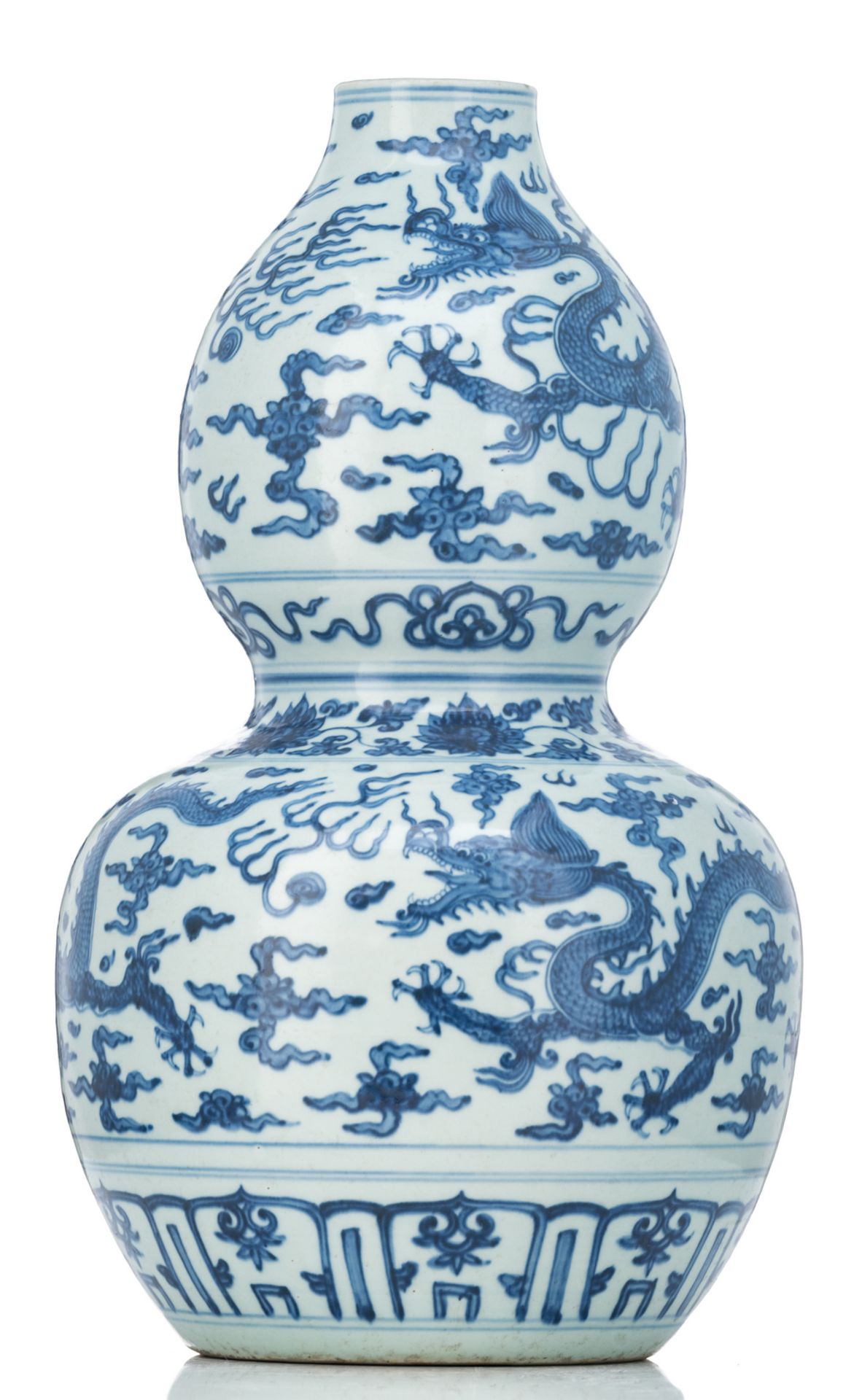 A Chinese blue and white double gourd vase, decorated with dragons and flaming pearls amid clouds, H - Image 4 of 6