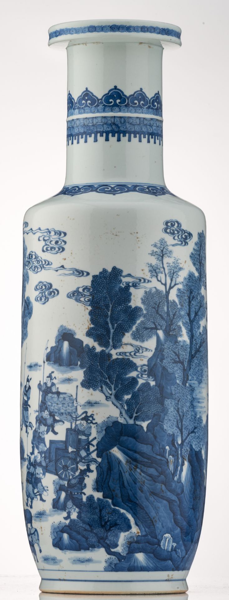 A large Chinese blue and white rouleau shaped vase, overall decorated with an animated scene in a - Image 3 of 6