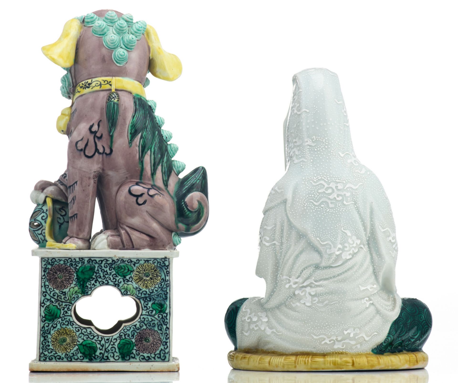 A Japanese polychrome glazed seated figure, depicting a Guanyin; added a Chinese polychrome temple - Image 3 of 6