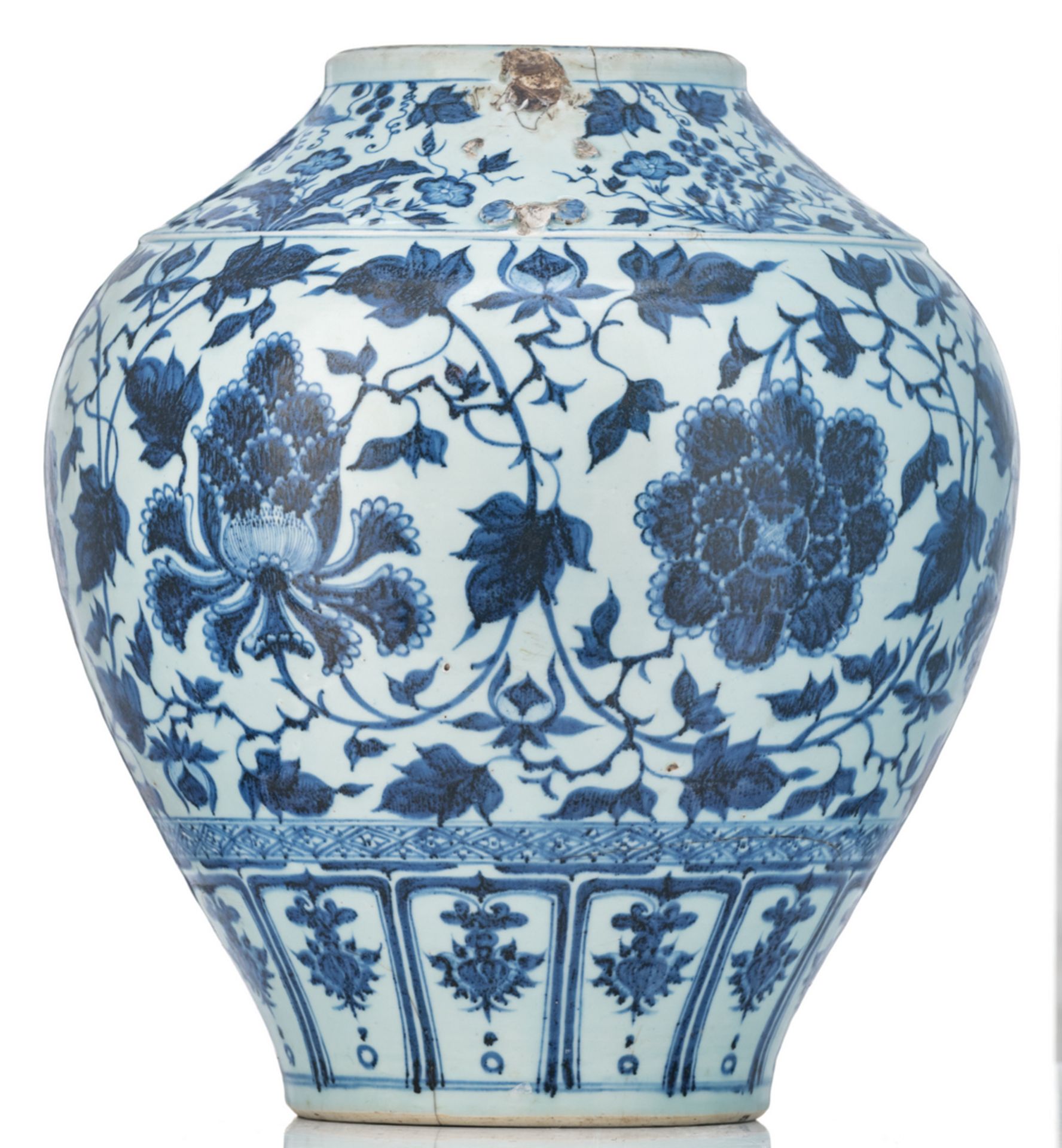 A Chinese blue and white vase, decorated with scrolling lotus and Fu lions, H 45,5 cm - Image 2 of 6