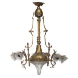 A Neoclassical brass chandelier with frost glass light shades, H 87 cm