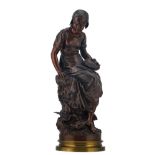 Moreau M., a maiden feeding birds (hors concours), patinated bronze, H 54,5 cm