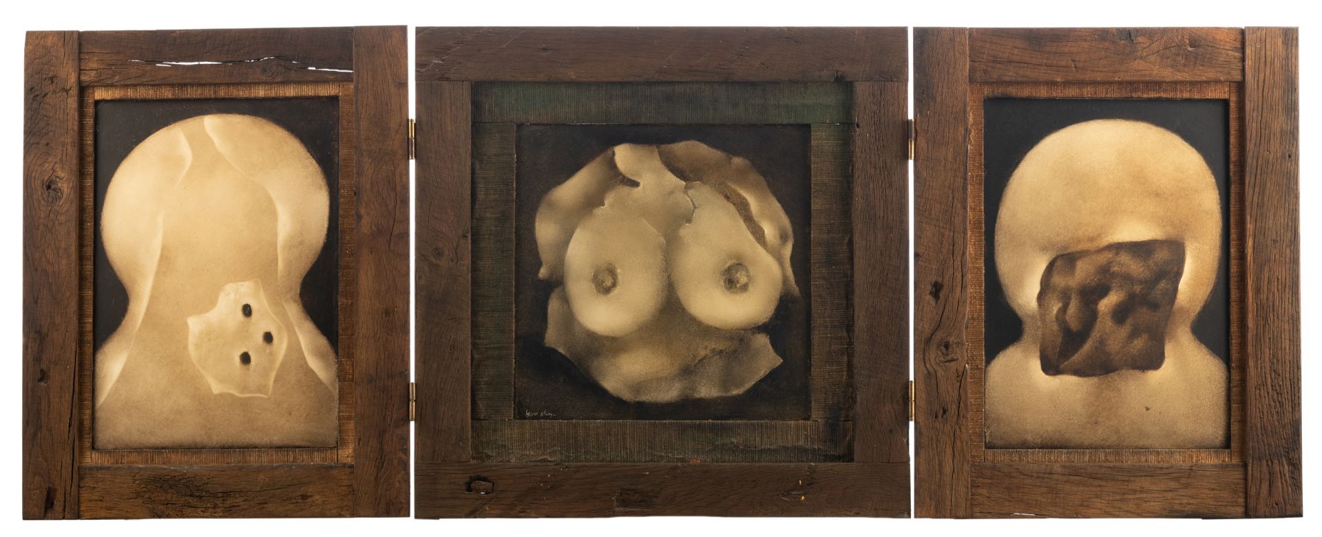 Rhayé Y., untitled, oil on board (triptych), frame constructed by the artist himself, 70,5 x 181,5