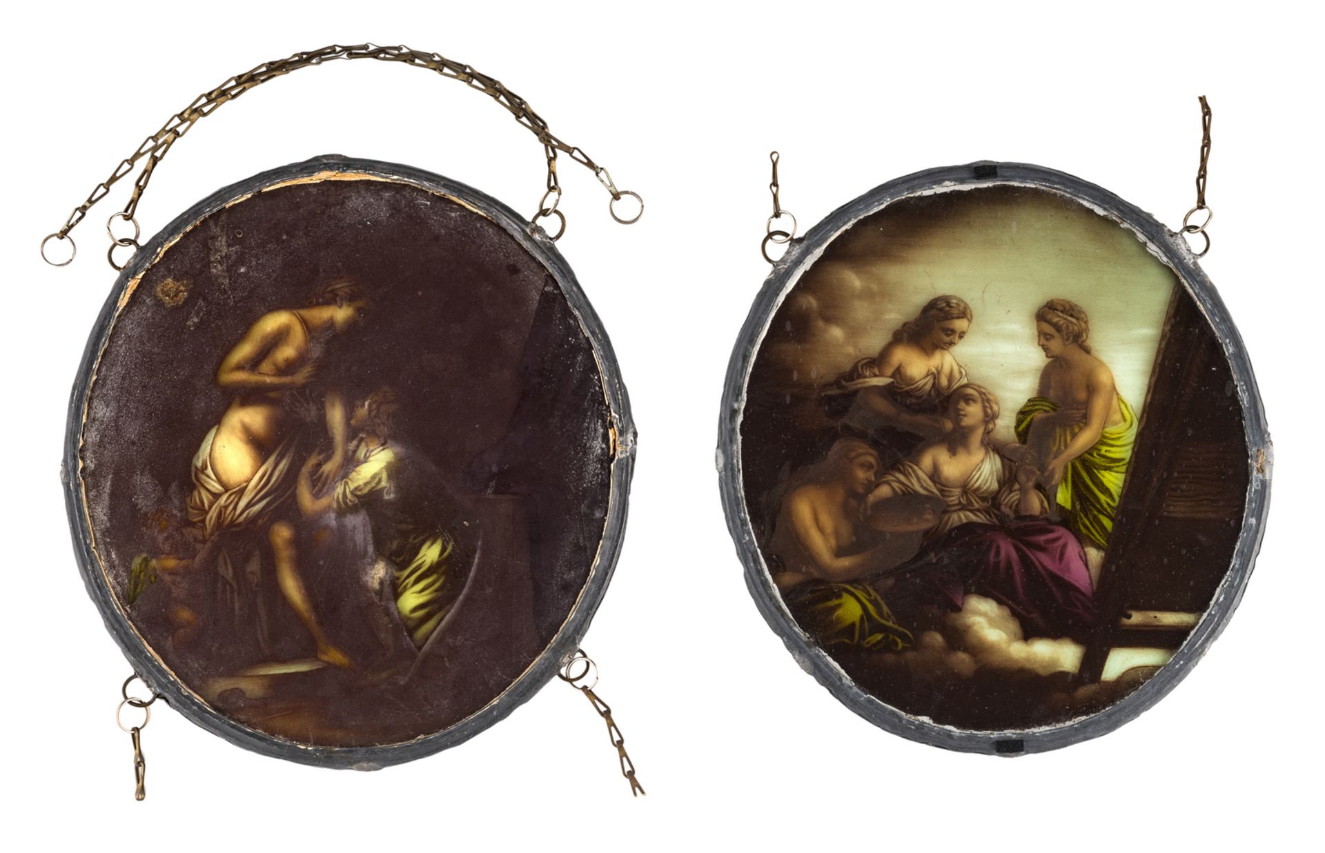 Two 19thC stained glass windows, one depicting an allegory of painting and one an allegory of