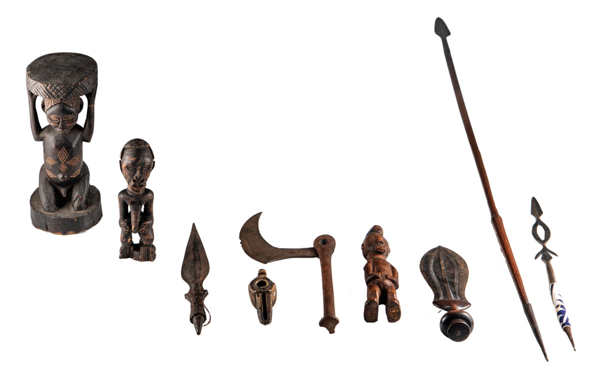 A large collection of tribal art, mainly African objects, H 5,5 - 159 cm