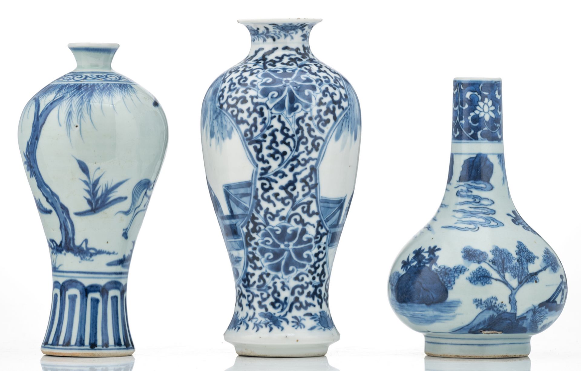 A Chinese blue and white floral baluster shaped vase, the roundels decorated with a lady in a - Image 4 of 6