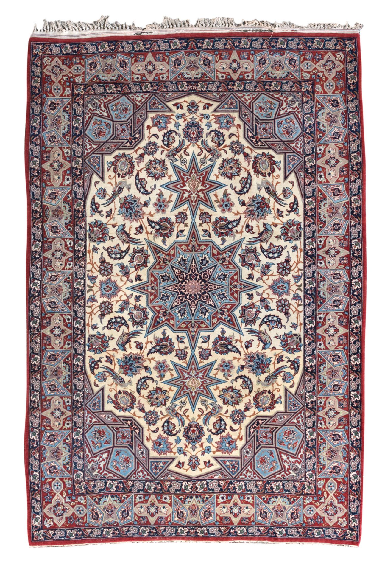 An Oriental silk carpet with floral and geometric motifs, Isfahan, 100 x 158 cm