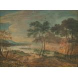 No visible signature, figures in a mountainous landscape near a lake, watercolour, late 18th - early