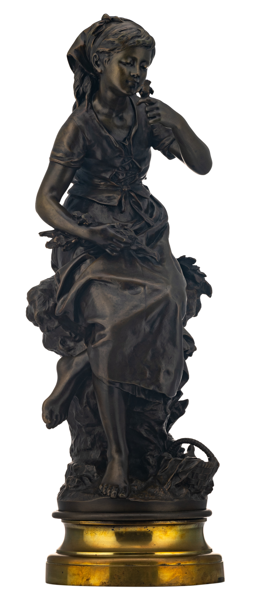 Moreau M., a maiden with birds, patinated bronze, H 78 cm