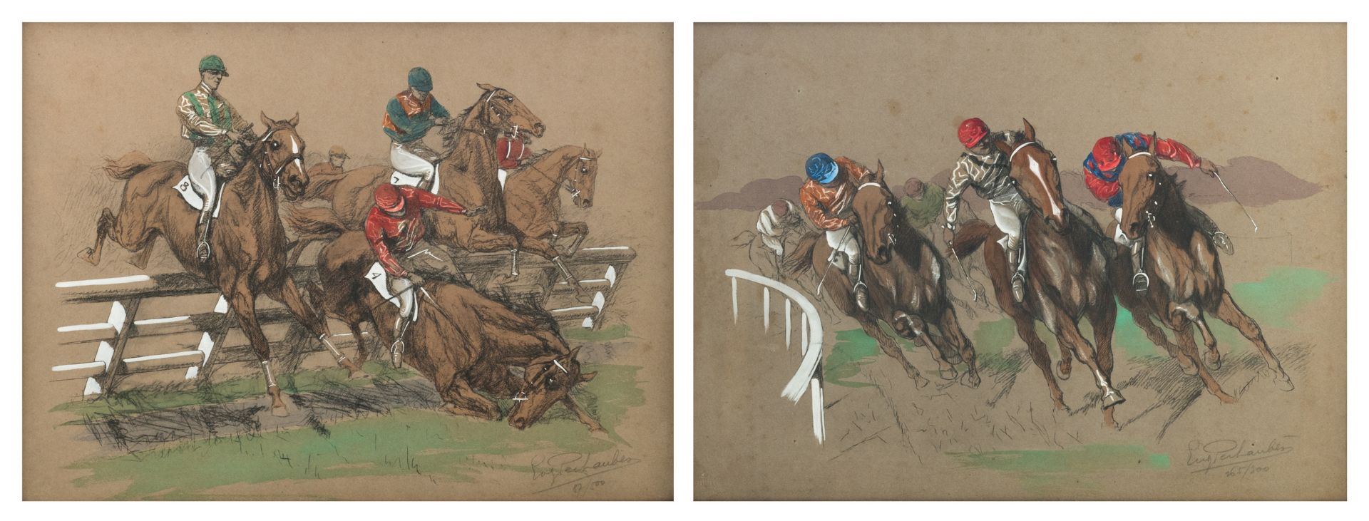 Péchaubes E., two hand coloured lithographs depicting a horse race, no. 87/500 and no. 265/300, 44,5