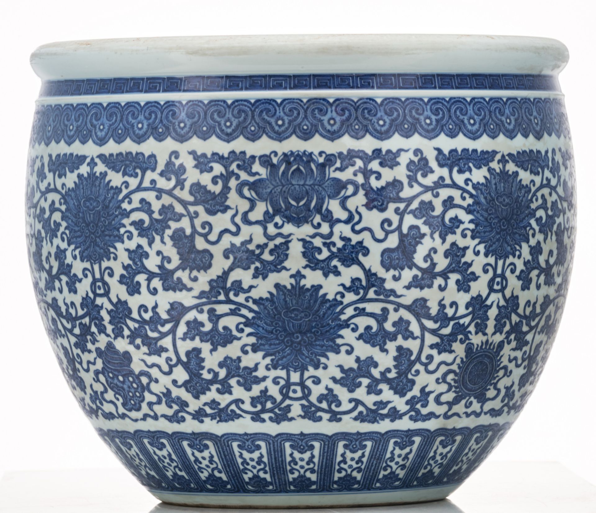 A Chinese blue and white jardiniere, decorated with scrolling lotus and Buddhist symbols, H 45 - ø - Image 4 of 7