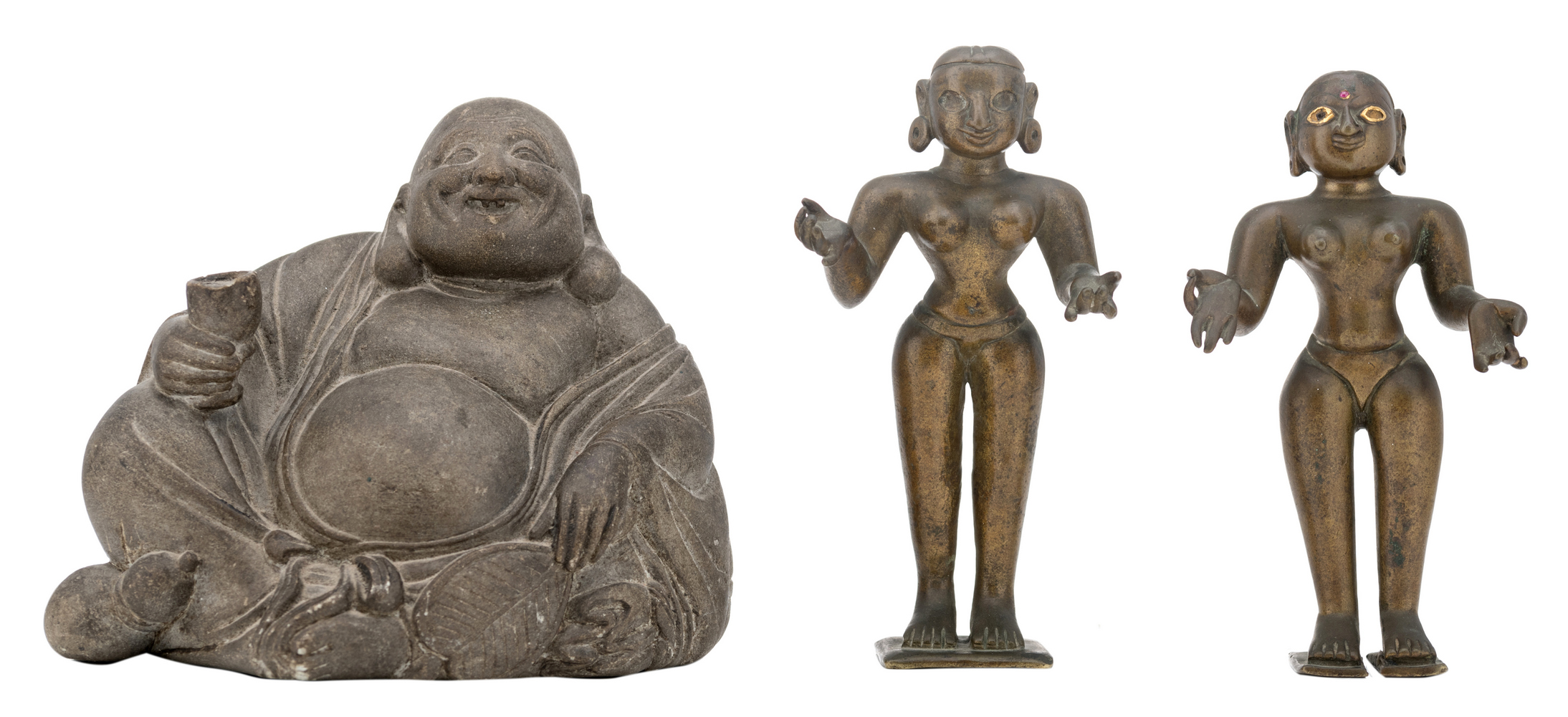 A Chinese stone figure of a Budai; added two Oriental female bronze figures, depicting divinities,