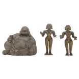 A Chinese stone figure of a Budai; added two Oriental female bronze figures, depicting divinities,