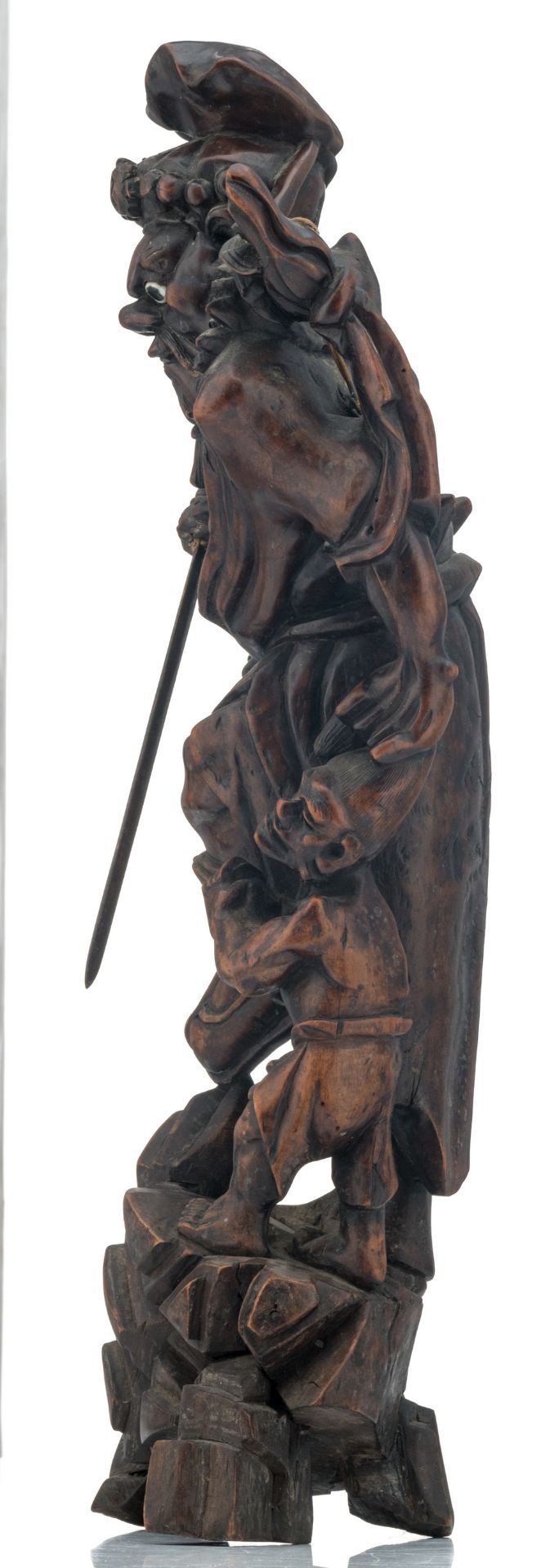 A Chinese carved hardwood group, depicting a warrior-god and a vanquished, H 54,5 cm - Image 2 of 6