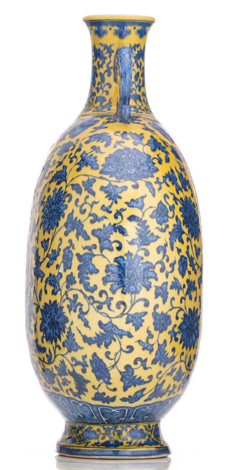 A Chinese yellow ground blue and white moon flask, decorated with scrolling lotus and peaches, - Image 3 of 7