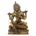 A Sino-Tibetan seated gilt bronze figure of a Green Tara, with semi-precious stone inlay, H 16,5 cm