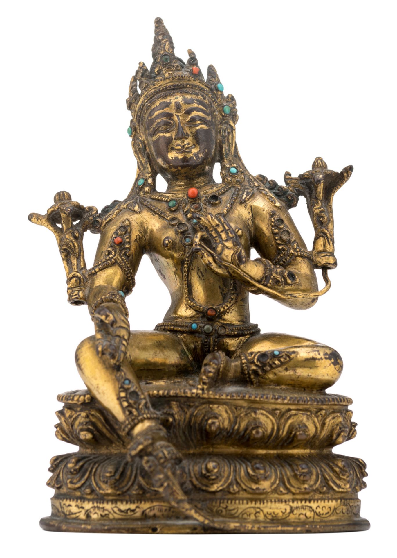 A Sino-Tibetan seated gilt bronze figure of a Green Tara, with semi-precious stone inlay, H 16,5 cm