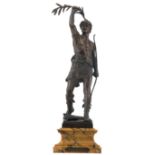 Marioton E., 'Vainqueur', patinated bronze, on a yellow Siena marble base, marked 'Siot-Decauville