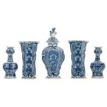 A Dutch Delftware blue and white three-piece garniture, marked 'Lampetkan'; added two 18thC blue and