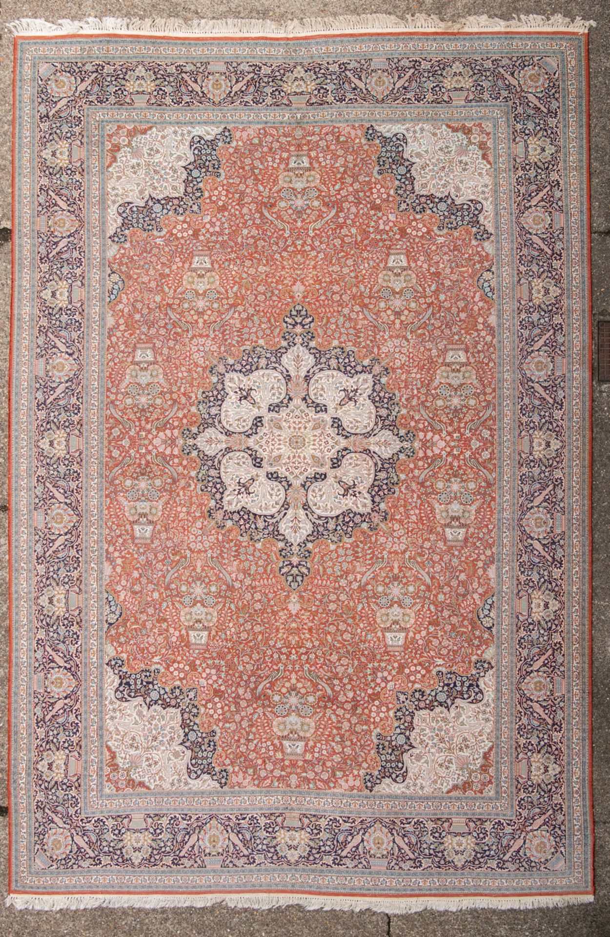 A large and royal Oriental floral decorated silk rug with birds and flower baskets, with a central - Image 2 of 3