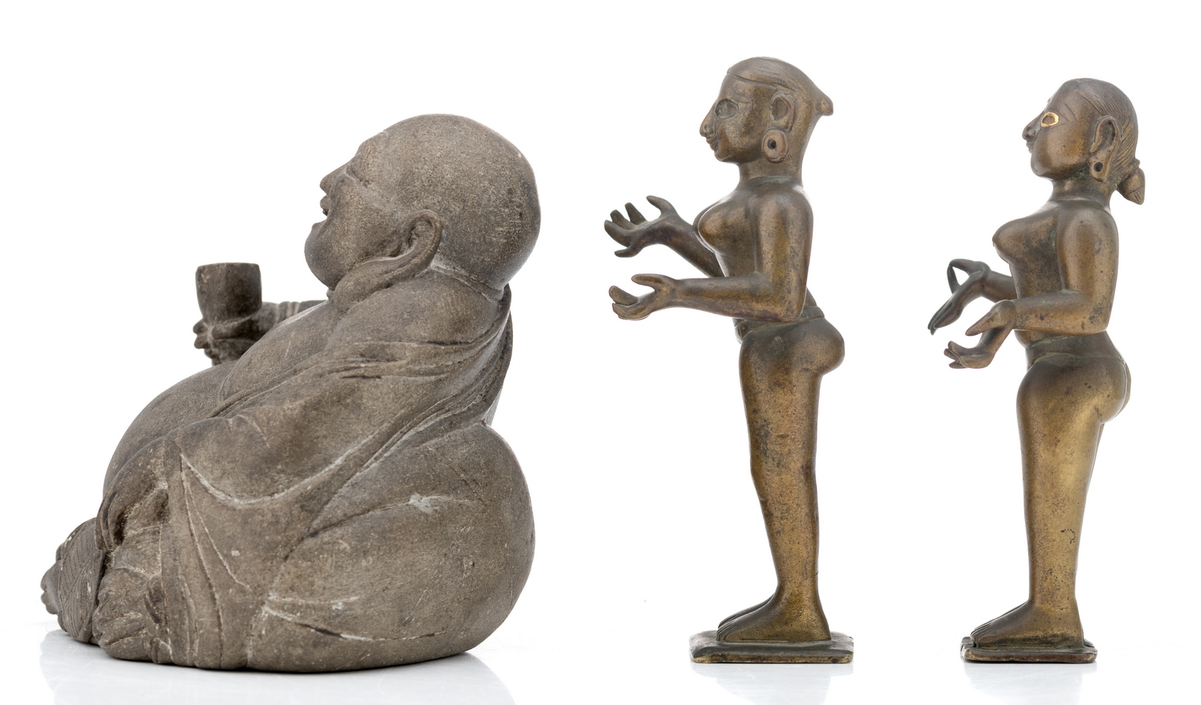 A Chinese stone figure of a Budai; added two Oriental female bronze figures, depicting divinities, - Image 4 of 6