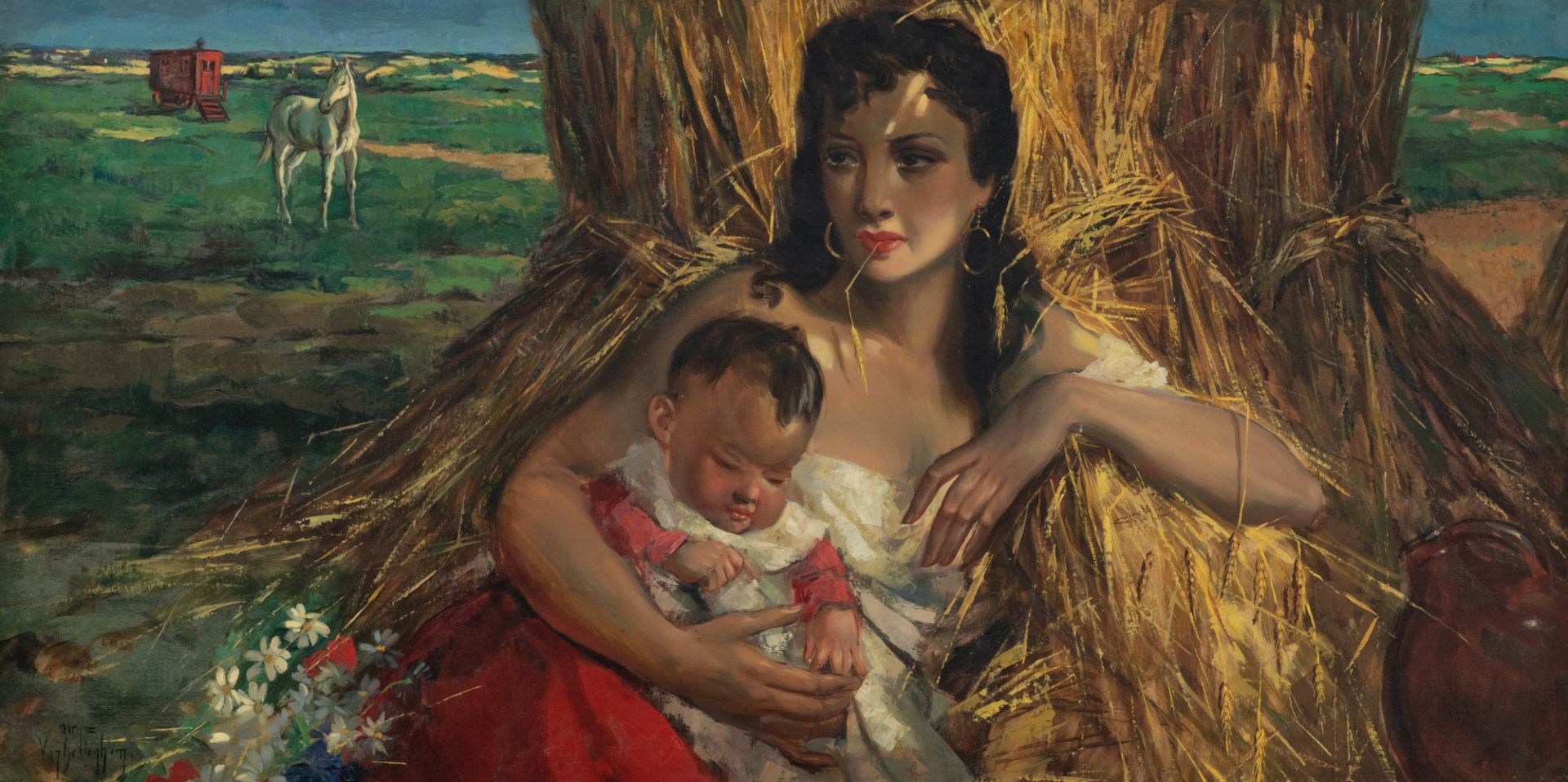 Van Belleghem A., a Gypsy mother and child, oil on canvas, 70 x 135 cm