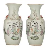 A pair of Chinese famille rose vases, decorated with a gallant garden scene and calligraphic