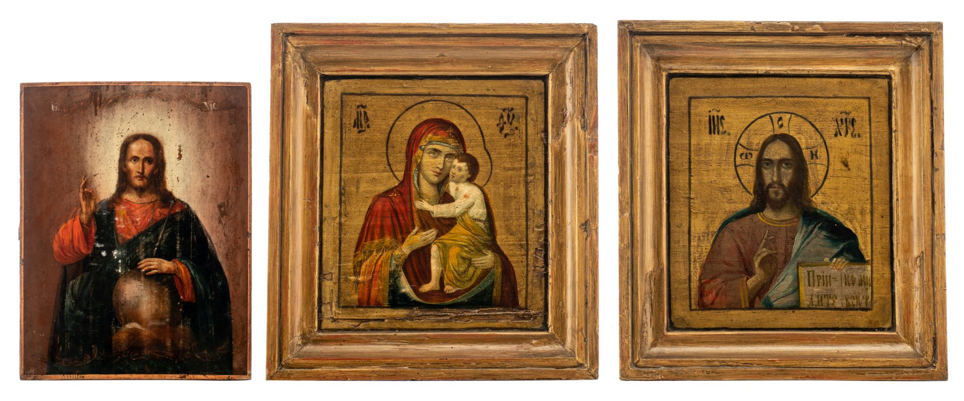 Three 19th / 20thC East European icons, 27 x 35 - 39 x 43 cm