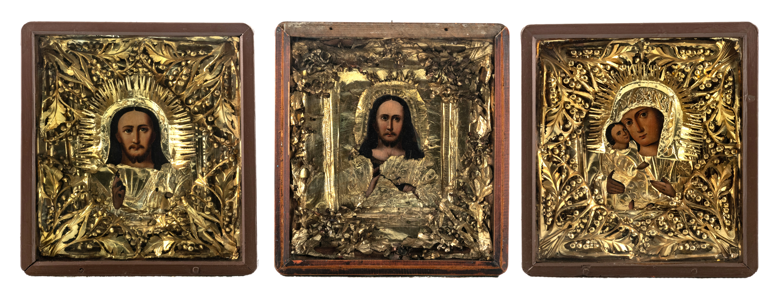 Three East European 19th / 20thC icons, set with a gilt metal reza, 32,5 x 35,5 cm