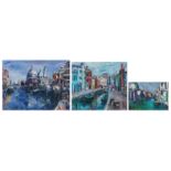 Illegibly signed, three views on Venice, oil on board, 28 x 37 - 60 x 70 and 58 x 76 cm