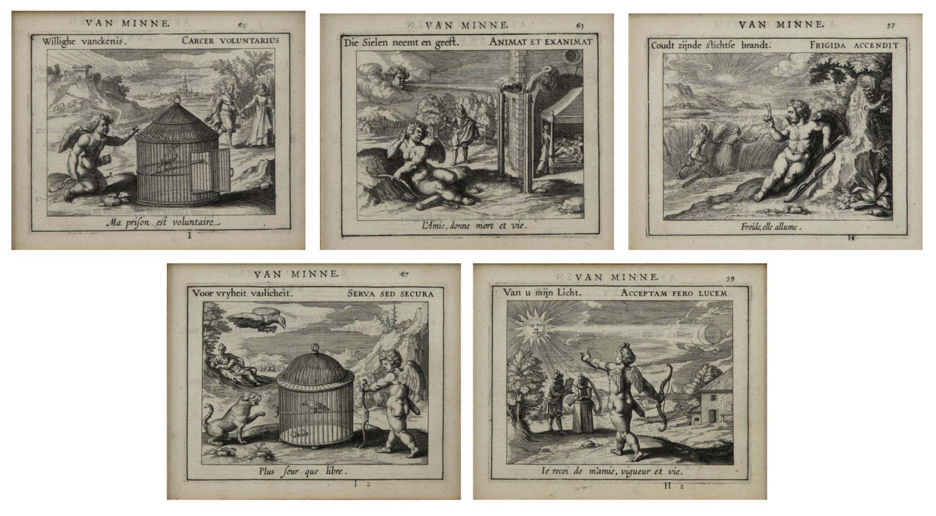Five 17thC engravings of 'Emblemata amatoria' by P.C. Hooft, printed by Willem Ianszoon Blaeu,