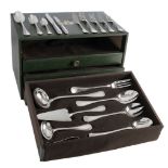 A cutlery storage chest with a 128 pieces silver plated Christofle - France cutlery set