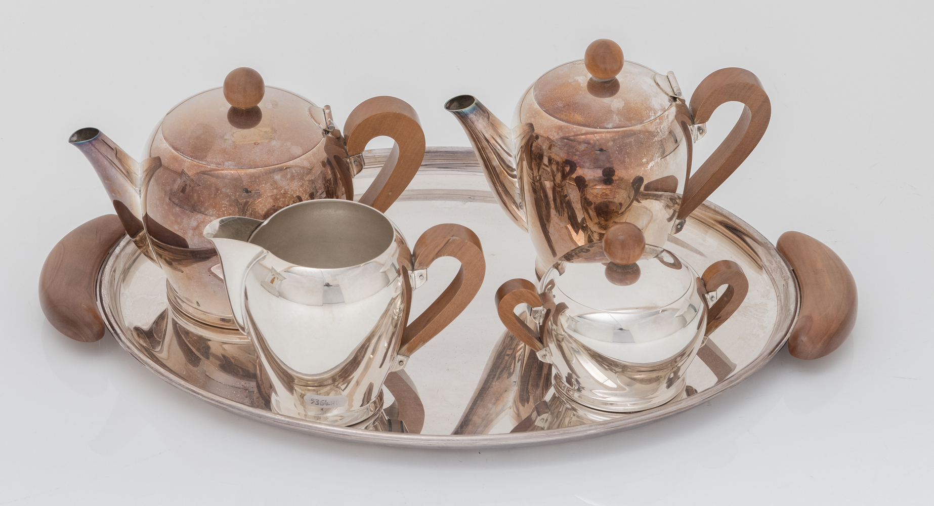 A 1950s five-part silver plated coffee and tea set with cherry wood handles, Alessi, H 11 - 16,5 - ø - Image 4 of 9