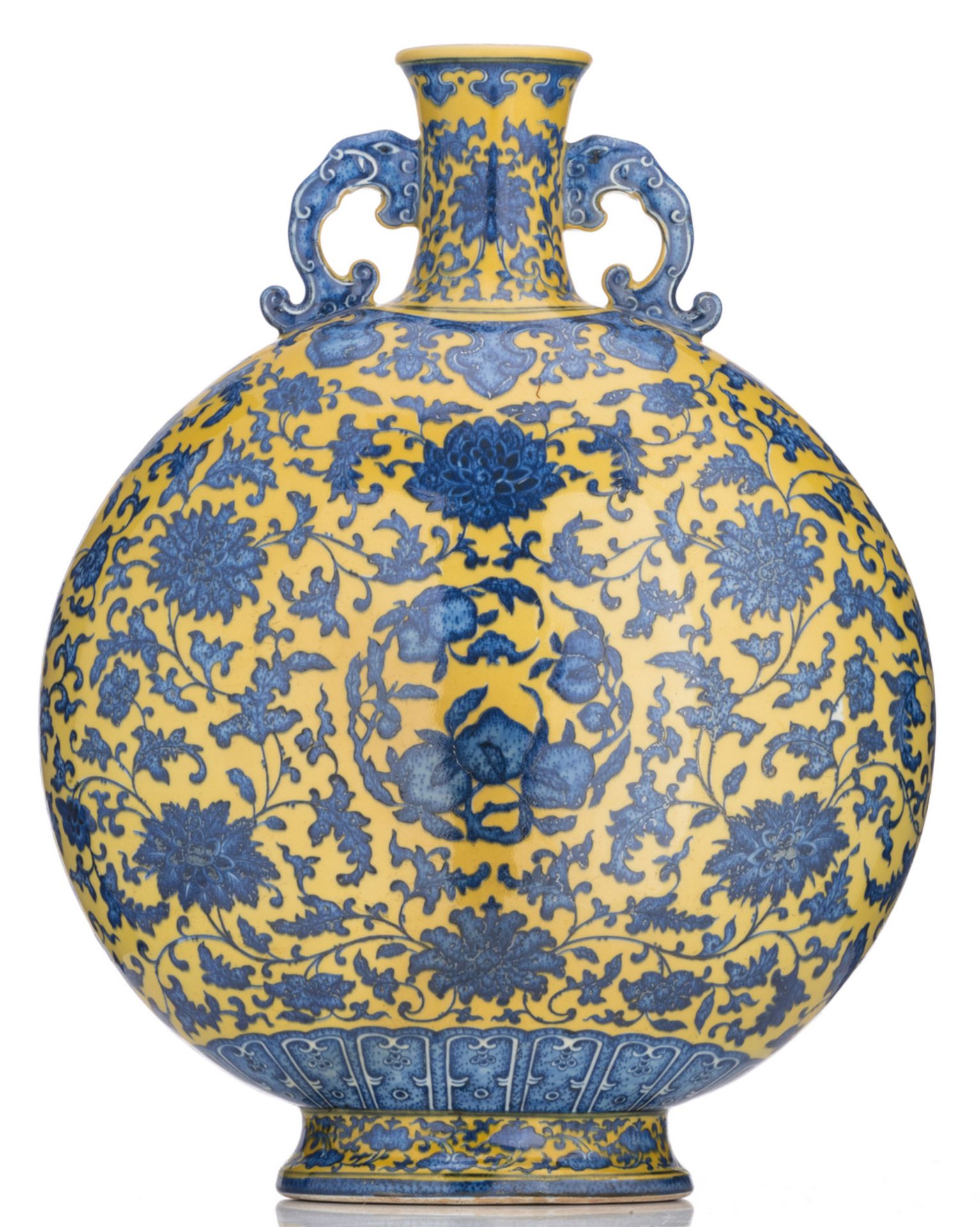 A Chinese yellow ground blue and white moon flask, decorated with scrolling lotus and peaches, - Image 2 of 7