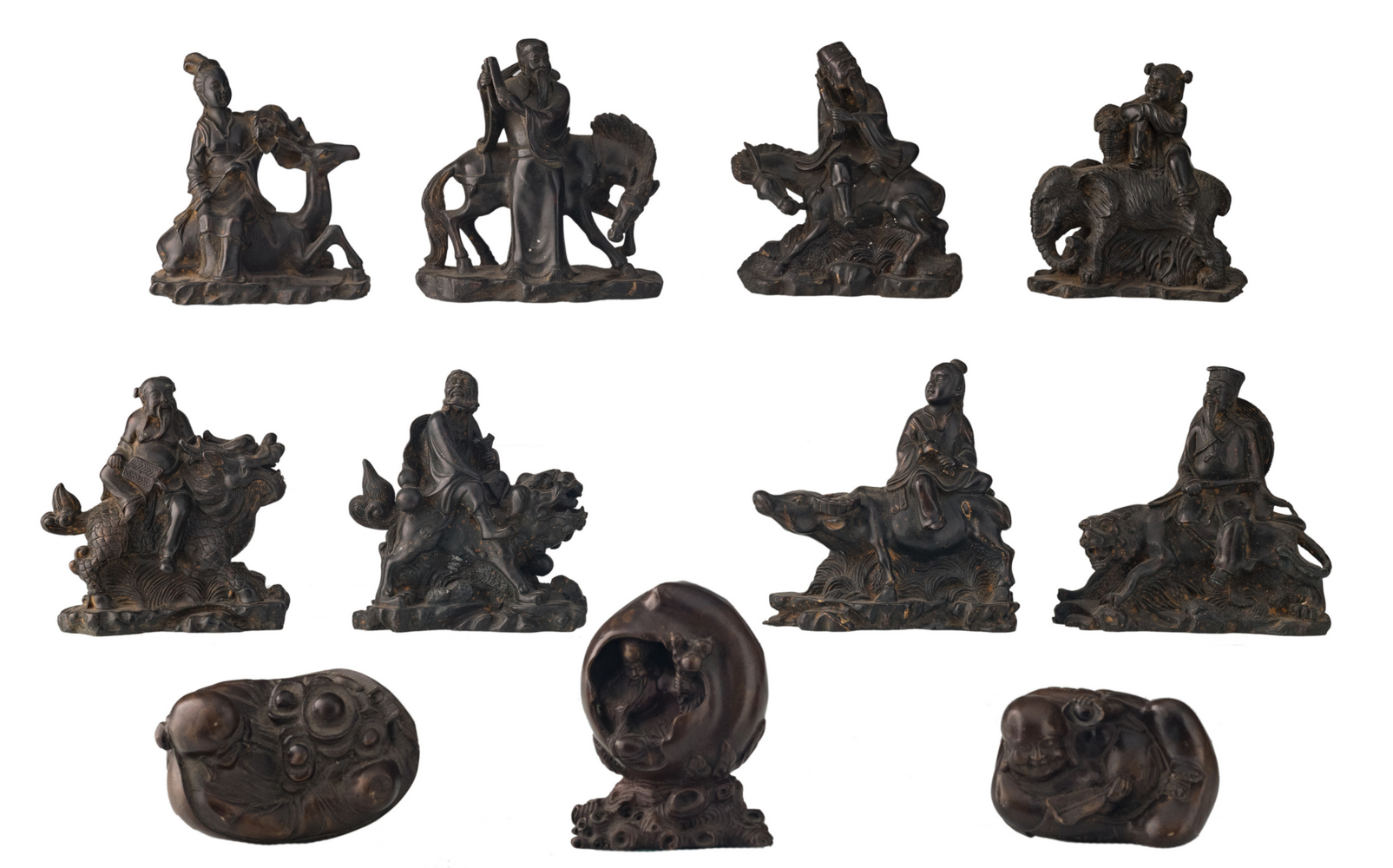 A set of the Eight Immortals, China, cast bronze, 19thC; added three ditto figures, depicting