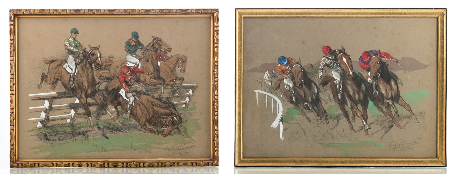 Péchaubes E., two hand coloured lithographs depicting a horse race, no. 87/500 and no. 265/300, 44,5 - Bild 2 aus 5