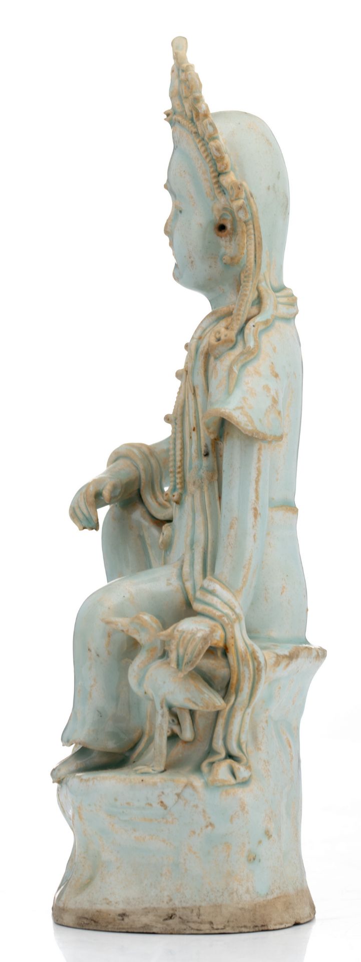 A Chinese famille rose figure of a young Buddha, seated on a lotus base; added a Chinese celadon - Image 3 of 13