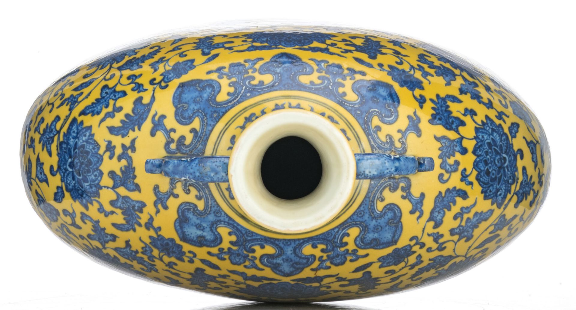 A Chinese yellow ground blue and white moon flask, decorated with scrolling lotus and peaches, - Image 6 of 7