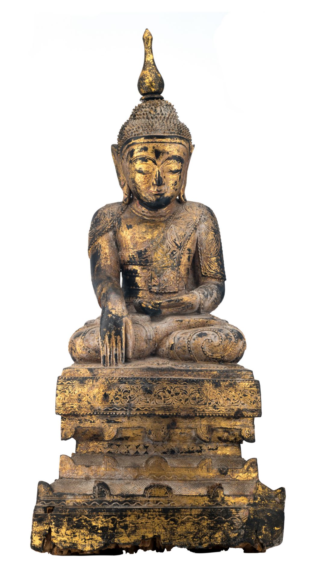 A Burmese gilt lacquered carved wooden seated Buddha on a multi-stepped base, 19thC, H 84,5 cm