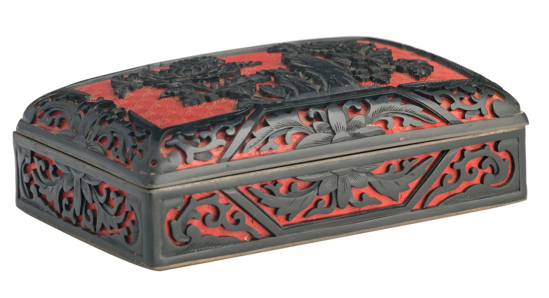 A late 19th / early 20thC Chinese red an black lacquered box and cover, H 5 - W 5 - D 10 cm