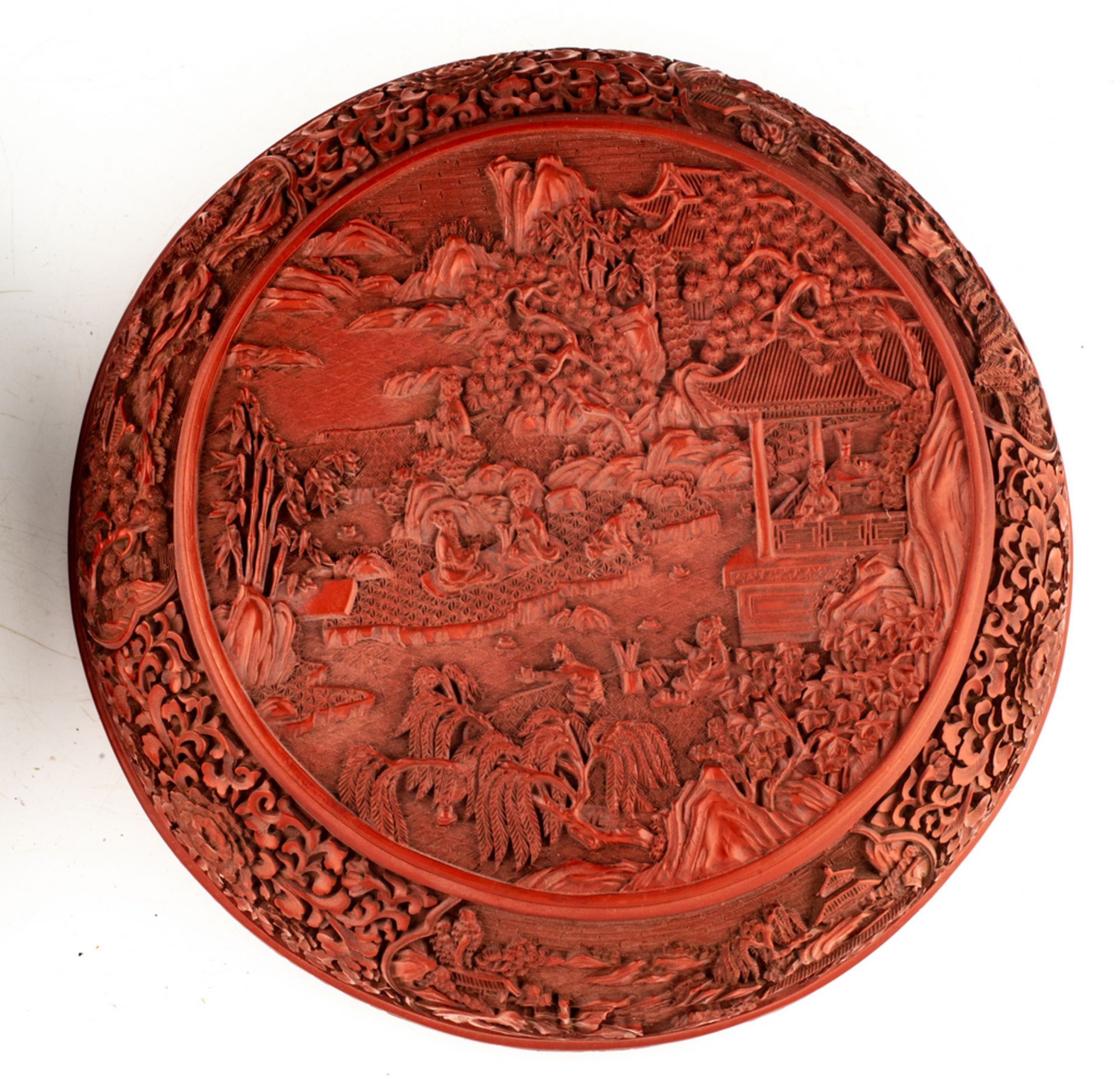 A fine Chinese red cinnabar lacquered bowl and cover, floral decorated, the roundels with - Image 6 of 9