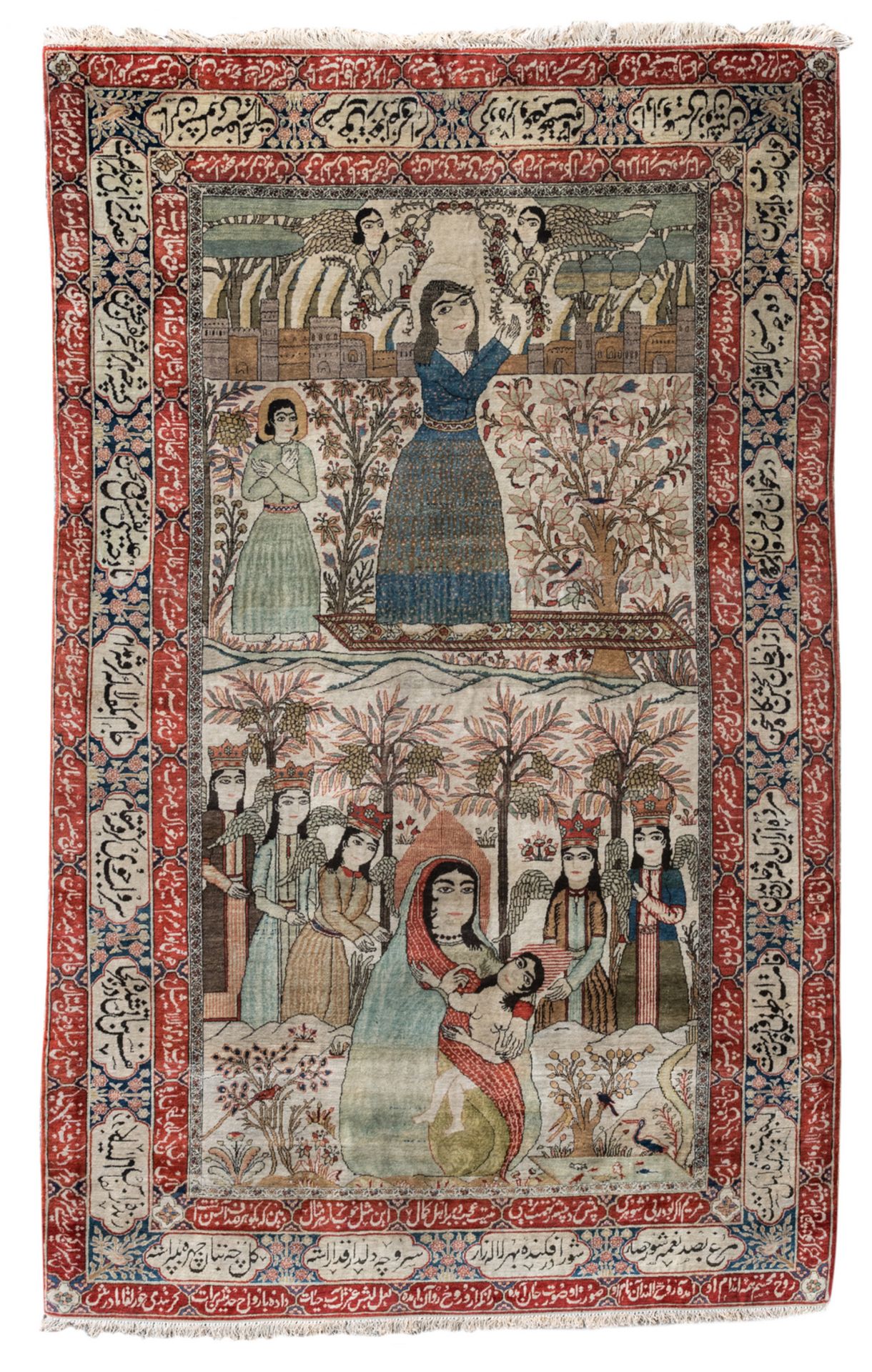 An Oriental rug with religious scenes and calligraphic inscriptions, wool on cotton, 135 x 201 cm