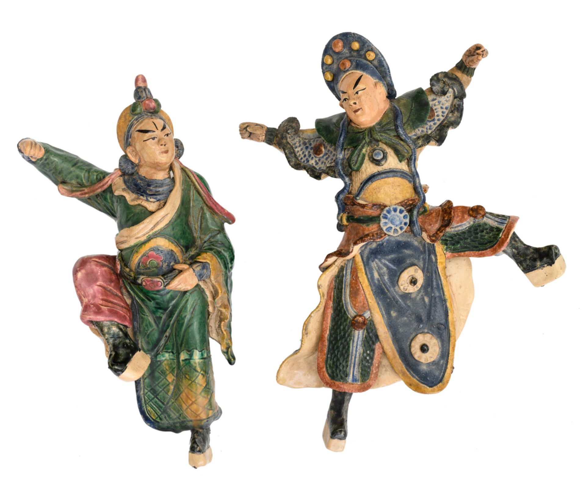 Four Chinese polychrome glazed stoneware figures, two of the figures on a matching wooden stand, H - Image 5 of 6