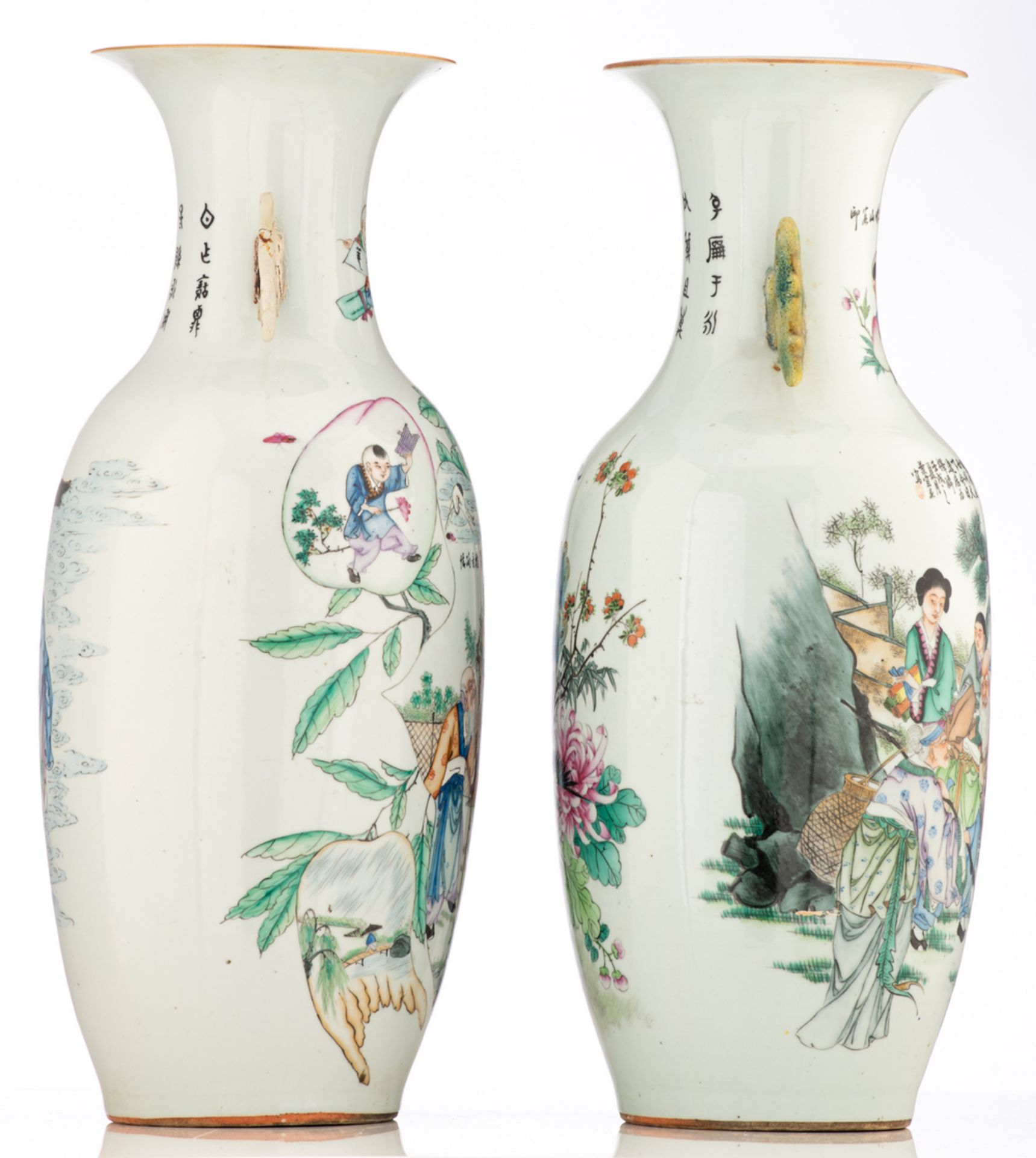 Two Chinese famille rose vases double decorated with animated scenes, one with a peacock and - Image 4 of 6