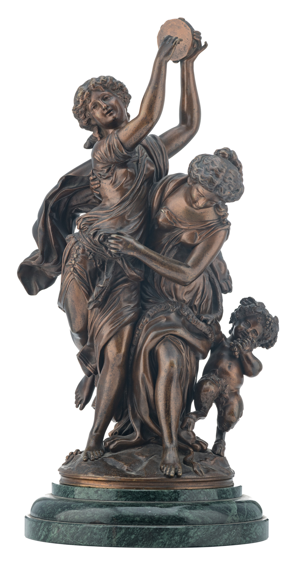 Moreau, bacchants and a satyr, brown patinated bronze, on a vert de mer marble base, H 43,5 (without