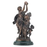 Moreau, bacchants and a satyr, brown patinated bronze, on a vert de mer marble base, H 43,5 (without