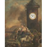 A mid 19thC Black Forest clock, the painting on canvas marouflated on panel and depicting a rural