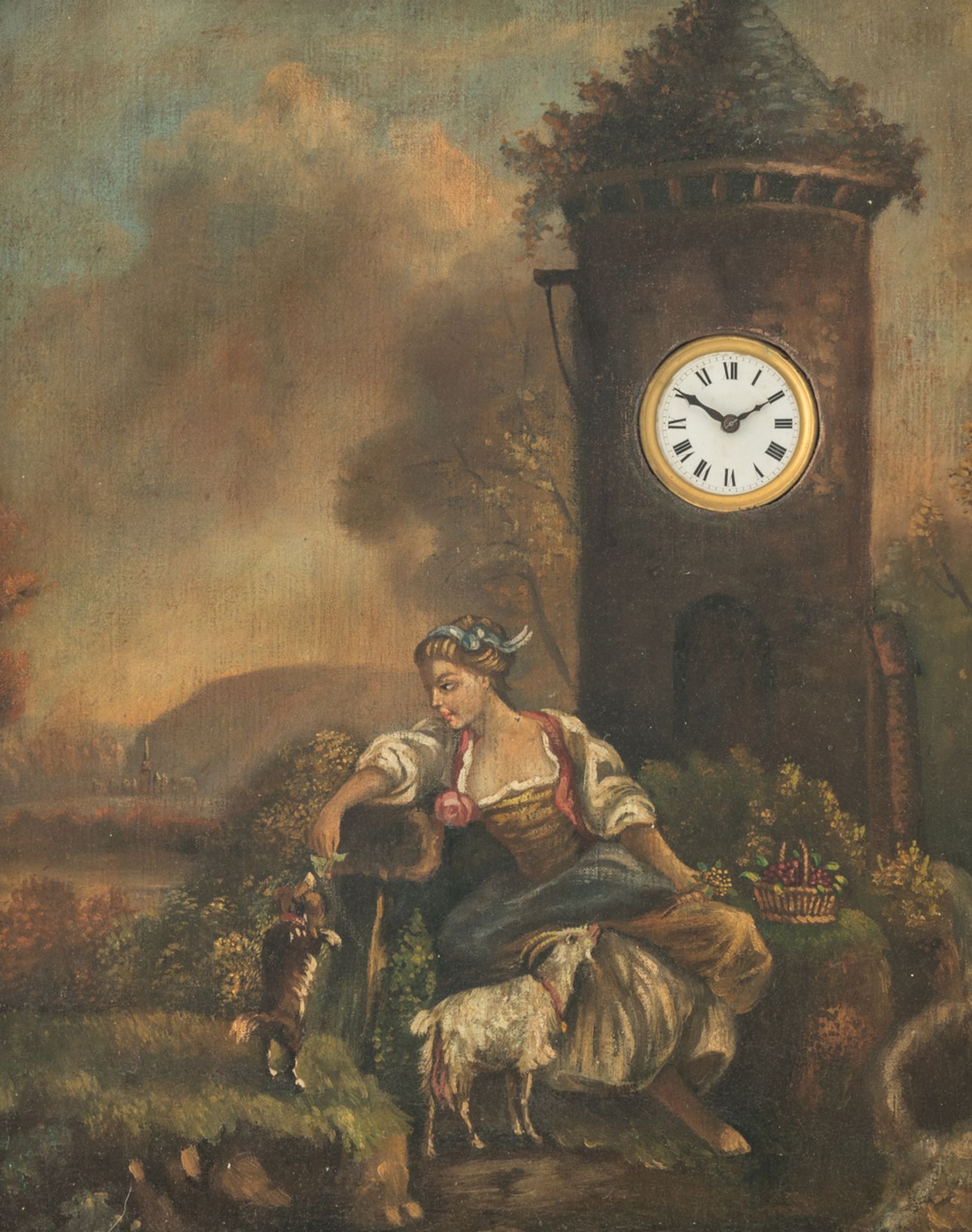 A mid 19thC Black Forest clock, the painting on canvas marouflated on panel and depicting a rural